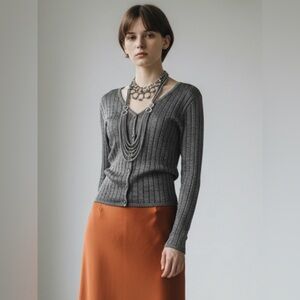 Vintage Metallic Ribbed Knit Cardigan Sweater Y2K 90s Medium